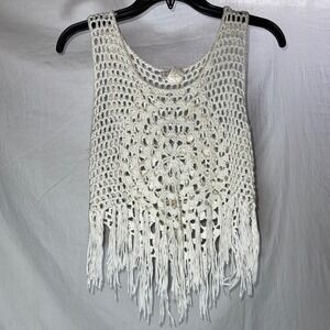 Cream Crochet Mandala Fringe Tank Top WoWo Boho Festival Sleeveless Medium